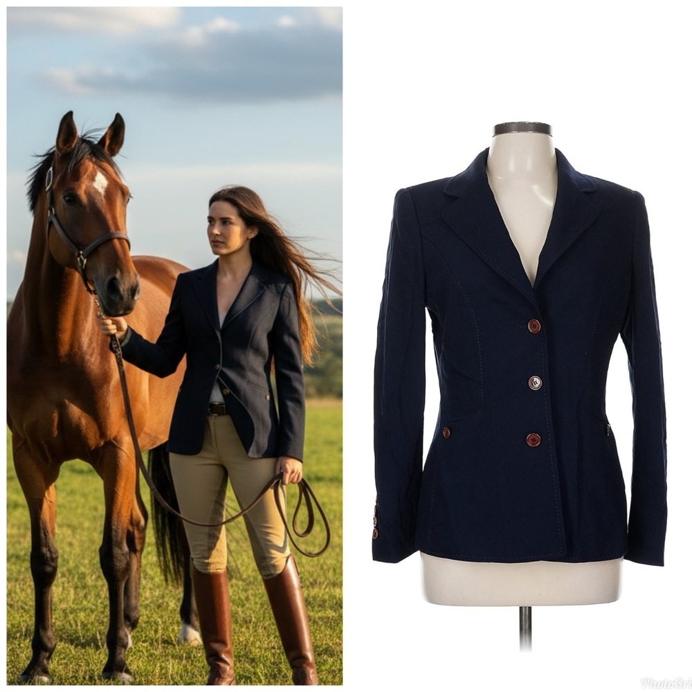 Escada Size EU 38 / US 8 Wool blazer Navy Blue Brown Buttons jacket n - Picture 1 of 11